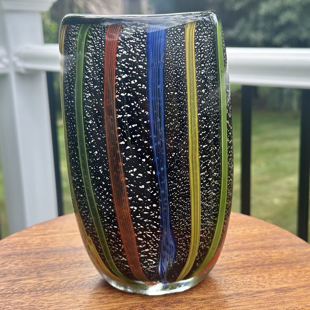 Authentic BADASH Handmade Art Glass Vase Black W/ Colored Stripes Labeled 8in